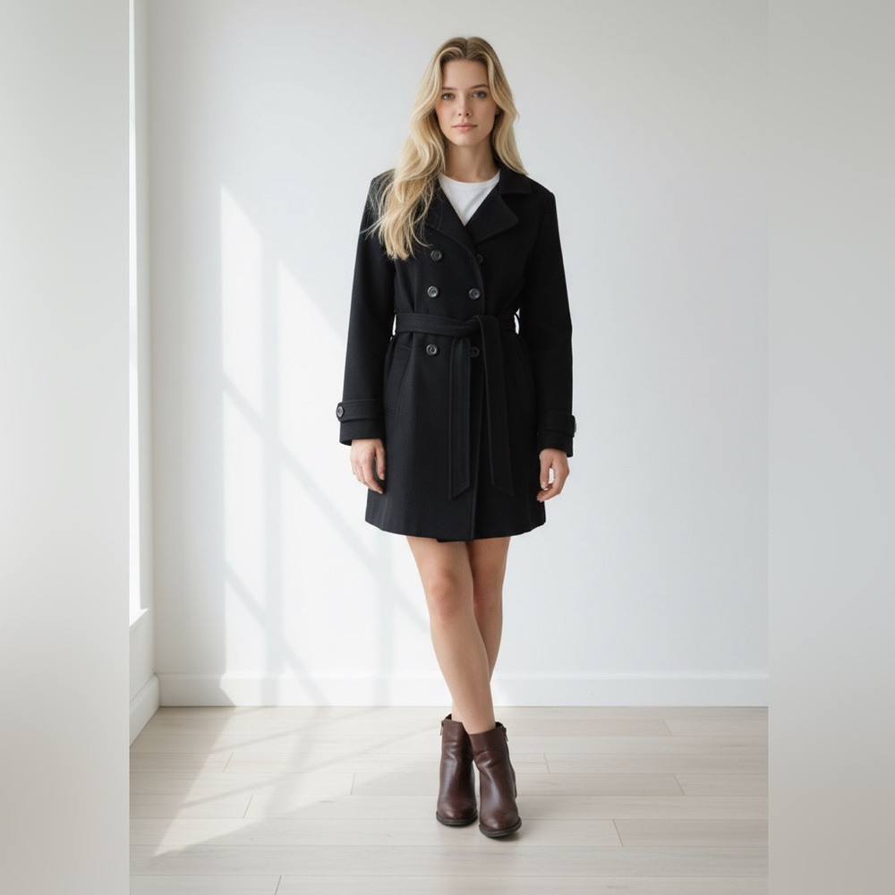 CATO mid length black double breasted trench coat with belt .      Size: Medium